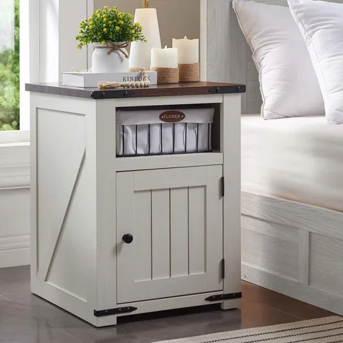 Vista 10 de IFGET - Mesita de noche con estación de carga, mesa auxiliar de 20" estilo granja con puerta de granero, mesa de sofá rústica de madera para cama