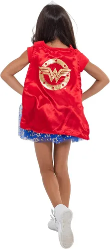 Vista 3 de DC Comics Disfraz de la Mujer Maravilla de la Liga de la Justicia para niñas, camiseta de tul falda con diadema y capa, juego de 4 piezas para niños
