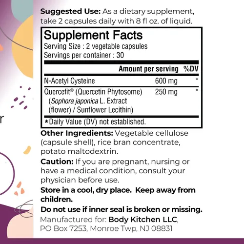 Vista 3 de Body Kitchen Mega NAC (N-acetil cisteína) 600 mg con quercetina, apoya la salud respiratoria y la función inmune y promueve la desintoxicación