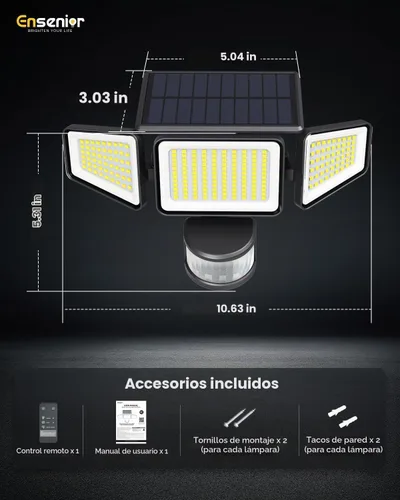 Vista 9 de Ensenior - Luces solares de movimiento para exteriores, 228 luces LED de seguridad solar con control remoto, IP65 impermeable, 3 cabezales de luz