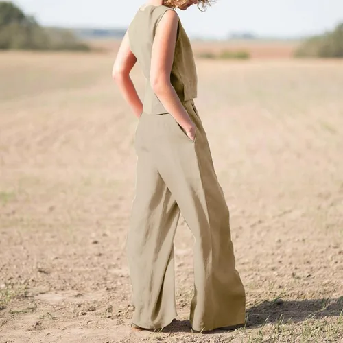Vista 2 de DUOWEI Overol de pantalón para mujer, para boda, grande, liso, sin mangas, pantalones de algodón y lino, trajes casuales para mujer