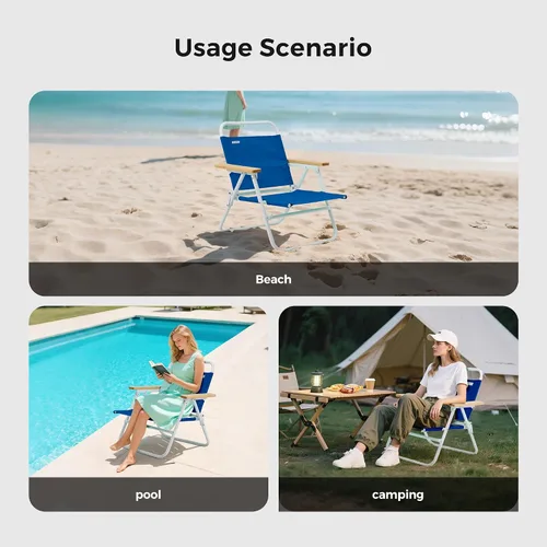 Vista 8 de SUNNYFEEL Silla de playa plegable, respaldo de silla de playa con reposabrazos y cojín de madera, silla de campamento ligera resistente para playa