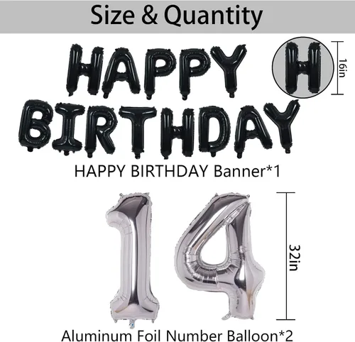 Vista 5 de Decoraciones de fiesta de cumpleaños color negro y plateado para niños y niñas, suministros de fiesta de cumpleaños número 14 con pancarta negra