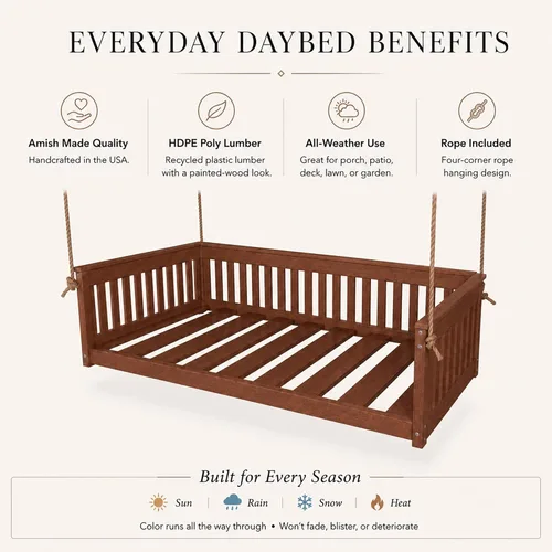 Vista 4 de Amish Twin Poly Lumber Wood Hanging Daybed, Antique Mahogany, USA Made Deep Seating Mission Collection HDPE Poly Lumber Twin Daybed with Rope