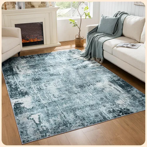 Vista 391 de Istana Alfombra larga antideslizante de 2.5 x 8 para el hogar, para pasillo y cocina, lavable, sedosa y suave al tacto, elegante, color azul y marfil