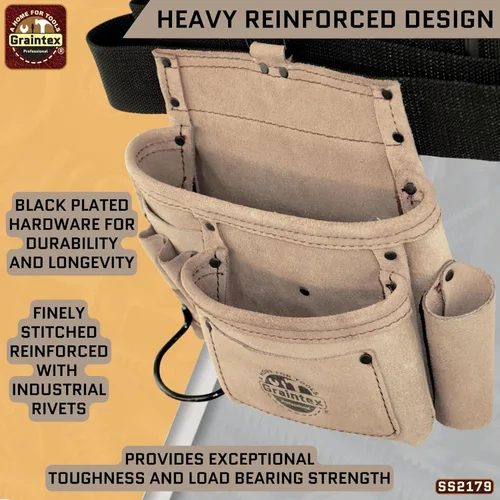Vista 8 de Graintex 5 Pocket Suede Leather Tool Belt/Bag, Multipurpose Leather Tool Belt for Women and Men, Ideal for Construction, Electrician, Handymen Beige