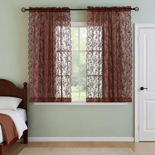Vista 28 de FINECITY 2 paneles de cortinas de encaje beige de 36 pulgadas de largo con hojas florales rústicas, cortinas cortas y transparentes para ventana