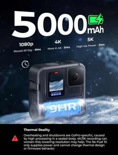 Vista 3 de Re-Fuel Paquete de batería extendida de 9 horas para GoPro Hero 13 12 11 10 9 Negro, Banco de energía recargable a prueba de polvo y agua de 33 pies