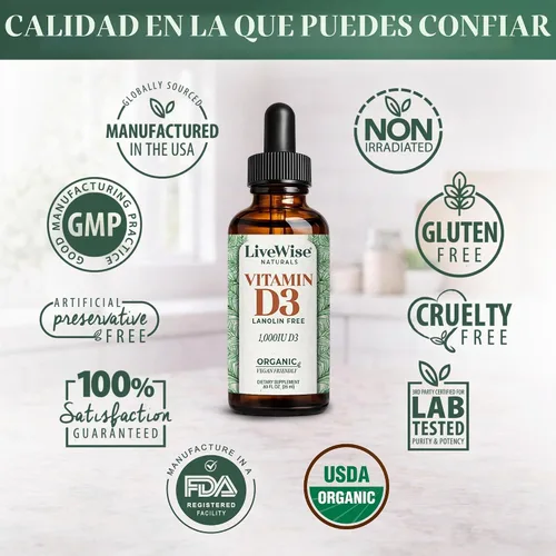 Vista 7 de Live Wise Naturals Gotas líquidas de vitamina D3 - Fórmula de aceite MCT orgánico para adultos - Suplemento D3 de fácil absorción para apoyo