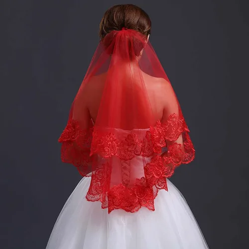 Vista 3 de ZEALMAX Diadema clásica roja para novia velo de boda velo de encaje largo simple translúcido para mujer Rojo