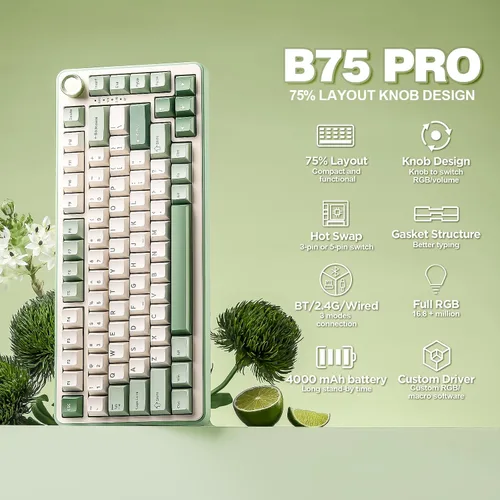 Vista 2 de YUNZII Teclado mecánico inalámbrico B75 PRO, diseño del 75% con perilla, estructura de junta de intercambio en caliente, interruptores prelubricados