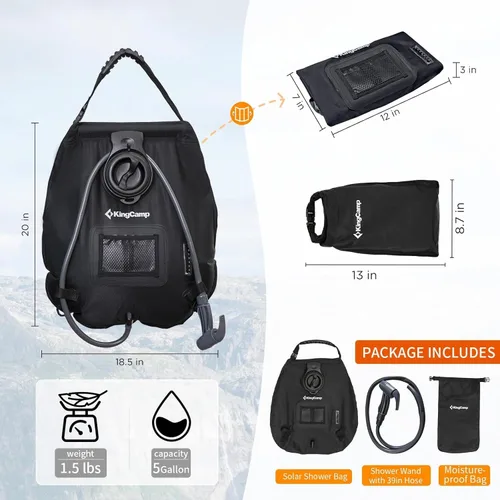 Vista 2 de KingCamp Bolsa de ducha solar, diseño a prueba de fugas, bolsa de camping con termómetro, manguera extraíble y cabezal de ducha intercambiable, 5