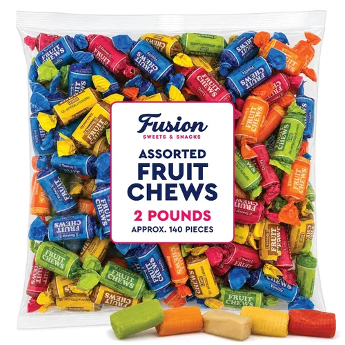 Vista 3 de Caramelos masticables de frutas, bolsa de 2 libras, envueltas individualmente, sin gluten Cherry, Lemon, Lime, Orange, Vanilla Flavors, Soft Chewy