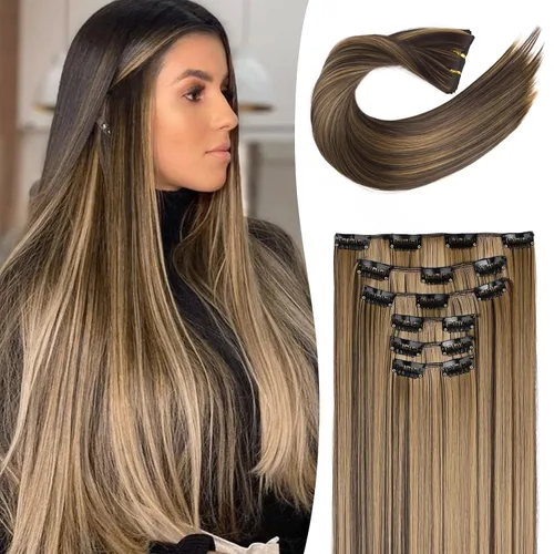 Vista 10 de LONAI 6 extensiones de cabello con clip, 24 pulgadas de largo, lacio, sintético, postizo para mujer, rubio ceniza natural