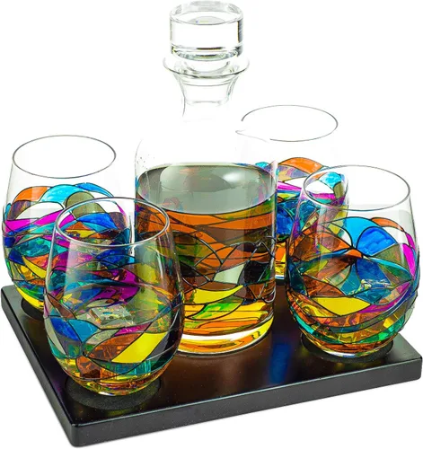 Vista 5 de Juego de decantadores artesanales de whisky y vino pintados a mano, diseño de vitrales renacentistas de Barcelona, regalo único para el día