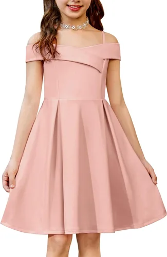 Vista 7 de Arshiner Vestido de verano para niñas con hombros descubiertos, plisado, formal, elegante Azul