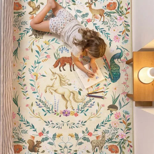Vista 10 de jinchan Moonrise - Alfombra redonda de 5 pies para habitación de niños, lavable, suave, antideslizante, de pelo bajo, diseño de cuento de hadas