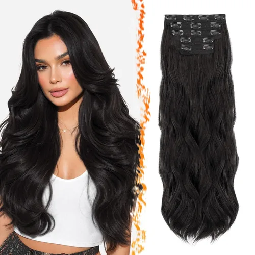 Vista 26 de BARSDAR 24 Inch Synthetic Layered Loose Wavy Black Clip in Hair Extensions