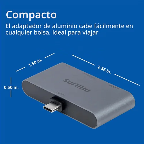 Vista 5 de Philips Concentrador multipuerto USB-C, con pantalla HDMI 4K, 10bps y 2 puertos de datos USB-A de 5 Gbps, entrega de energía de 100 vatios, conector
