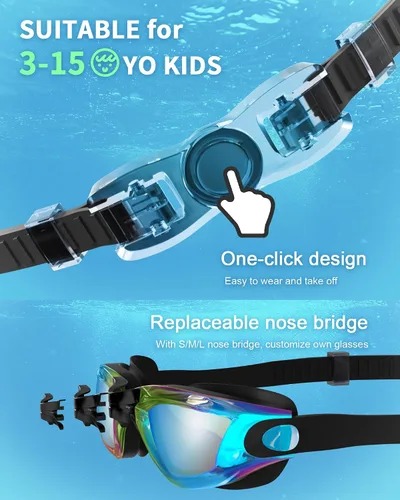 Vista 2 de gafas de natación para niños con pinza para la nariz, tapones para los oídos, puente de nariz para niños de 3 a 15 años