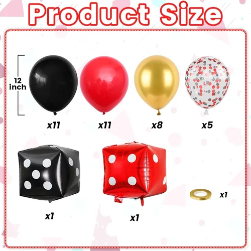 Vista 2 de Globos de Casino, Globos Metálicos Negros Rojos Dorados de 12 Pulgadas con Confeti y Dados de Lámina para Decoración de Fiesta Temática de Juego