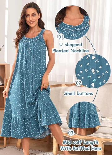 Vista 2 de Nightgowns for Women Sleeveless Sleepwear 100% Cotton Night Gown Wide Strap Sleep Shirt Pleated Scoopneck Nightshirt