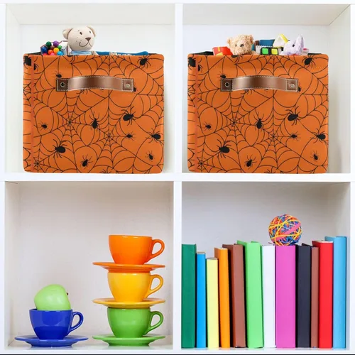 Vista 7 de ALAZA Caja de almacenamiento plegable de tela de araña de Halloween, color naranja, cesta organizadora con asas para estantes, armario, sala
