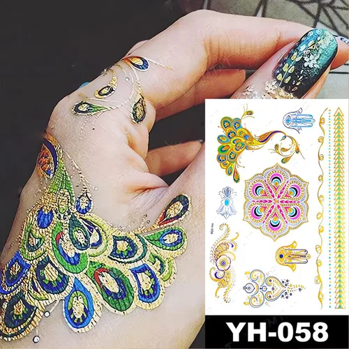 Vista 3 de 6 hojas de tatuajes temporales de henna dorada para mujeres y niñas, calcomanías de tatuaje falso de encaje, misterio sexy, mandala, flor, diseño