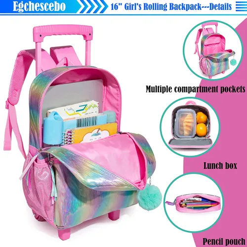 Vista 5 de Egchescebo Mochila con ruedas para niñas de 16 pulgadas, 3 unidades, Arco iris, lg-lpg