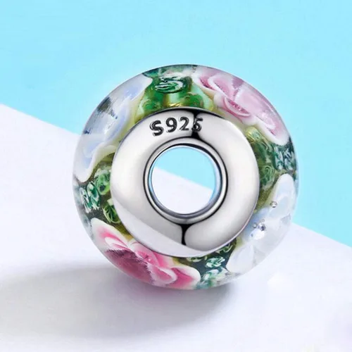 Vista 4 de Abalorios de cristal de Murano genuino para pulseras de plata de ley 925 original núcleo azul burbujas rosas abalorios para pulseras Pandora