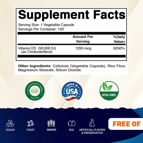Vista 2 de Vitamatic Vitamina D3 50,000 UI (como colecalciferol), dosis semanal, 1250 mcg, 120 cápsulas vegetales, fórmula progresiva que ayuda a