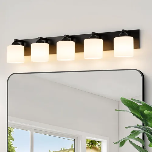 Vista 10 de mirrea Lámpara de tocador negra de 1 luz para espejo, aplique de pared de baño con pantallas de vidrio blanco esmerilado