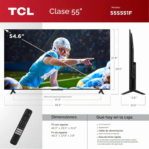 Vista 3 de TCL Smart TV Class S5 UHD 4K LED de 55 pulgadas con Fire TV (modelo 55S551F, 2024), Dolby Vision, HDR PRO+, Dolby Atmos, Alexa integrado con control