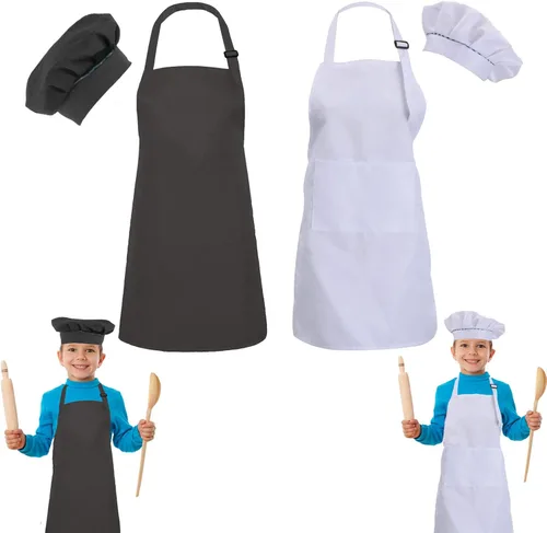 Vista 7 de Paquete de 2 delantales para niños, correa ajustable con bolsillos, mezcla de poliéster, algodón, pintura, arte de cocina, delantales para hornear