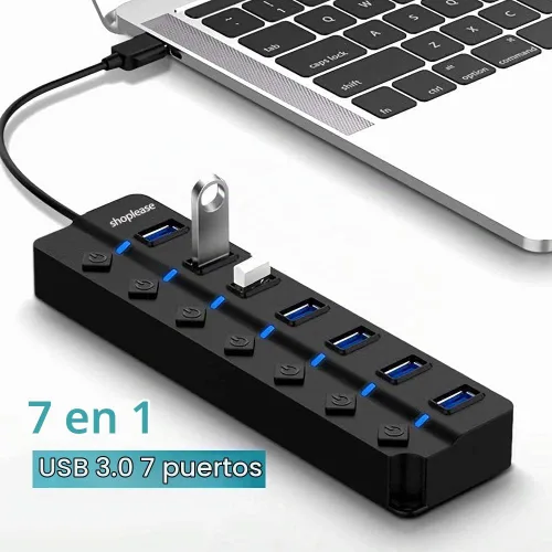 Vista 3 de Hub USB 3.0 de 7 puertos con interruptores de alimentación individuales y luces LED, divisor de concentrador de datos de alta velocidad