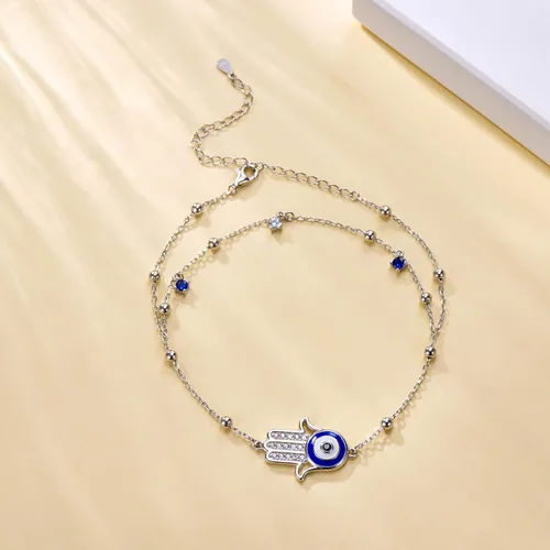 Vista 3 de Tobillera de plata de ley 925 ajustable de doble capa de ojo de diablo azul, protección espiritual, pulsera de tobillo de mano de Fátima