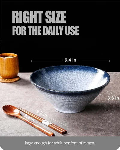 Vista 2 de Lareina Tazones de cerámica japoneses para ramen, 2 juegos (6 piezas) de 60 onzas, tazón grande para sopa de fideos con palillos y cucharas a juego