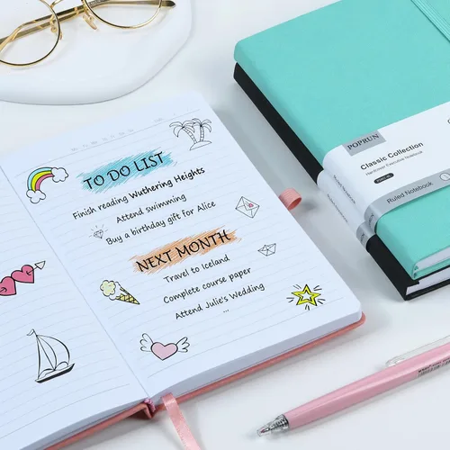 Vista 5 de POPRUN - Cuadernos de diario rayados A5, cuaderno de tapa dura de cuero grueso para escritura, trabajo de negocios, viajes, escuela, universidad