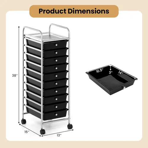 Vista 5 de Giantex Carrito de almacenamiento rodante con 10 cajones, carrito utilitario con tablero, organizador de cajones con ruedas para manualidades, arte