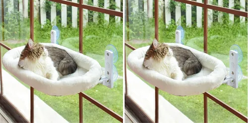 Vista 12 de AMOSIJOY Percha de Ventana Inalámbrica para Gato, Hamaca para Gato para Pared con 4 Ventosas, Ancla y Tornillo para Dos Formas de Instalación