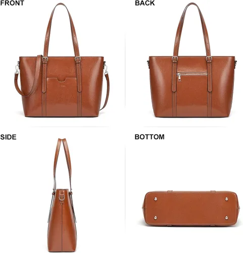 Vista 3 de Cnoles Bolso de mano para mujer, de piel auténtica, vintage, de 15.6 pulgadas, para laptop, bolso de hombro para trabajo
