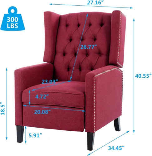 Vista 2 de Silla reclinable manual moderna, sillón informal con patas de madera maciza con decoración de remaches, sofá individual para dormitorio, sala