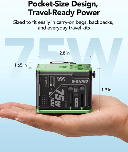 Vista 4 de MFish Adaptador de viaje universal de 75 W, adaptador de corriente internacional de 5 puertos con cable USB-C retráctil, 3 USB-C y 1 salida USB-A +