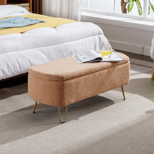 Vista 11 de TTK Otomana con almacenamiento para dormitorio, moderno banco otomano de piel sintética con patas de metal dorado, banco de entrada largo de sherpa