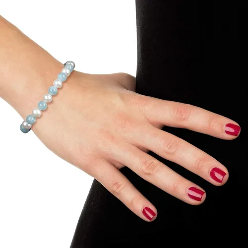 Vista 2 de Pulsera de plata de ley cultivada con perlas de agua dulce y aguamarina natural, 7.5 pulgadas, perla, aguamarina