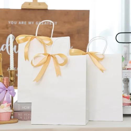Vista 6 de Moretoes Bolsas de papel con asas, 100 unidades de 10 x 5 x 13 pulgadas, bolsas de regalo de papel kraft blancas a granel para compras, venta al por
