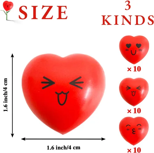 Vista 2 de 30 bolas antiestrés de corazón, mini bolas de cara sonriente de 1.5 pulgadas, juguetes de alivio del estrés en forma de corazón para niños