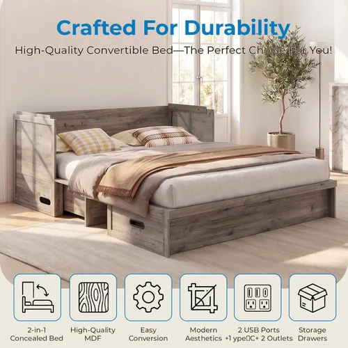 Vista 7 de Mjkone Murphy Bed Queen Size, Cabinet Bed with Built-in USB Charging Station & Storage Drawers, Hidden Queen Murphy Wall Beds Cabinet Beds No