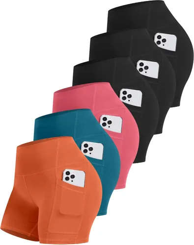 Vista 7 de CHRLEISURE - 6 paquetes de pantalones cortos de mujer estilo biker con bolsillo, pantalones cortos de elastano de control de abdomen de 5 pulgadas