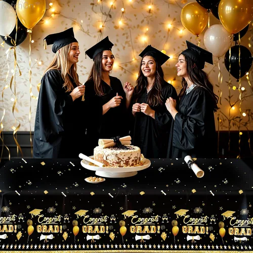 Vista 4 de KatchOn Mantel de graduación extragrande de 54 x 108 pulgadas, paquete de 3, decoraciones de graduación 2026, mantel de graduación negro y dorado